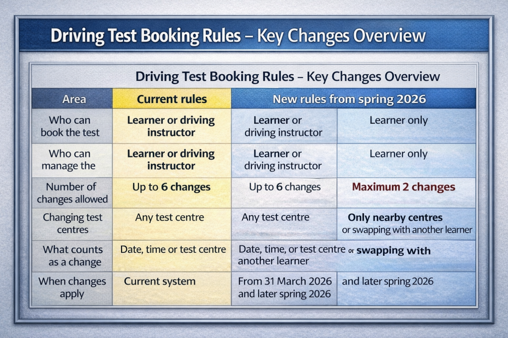 Driving test booking changes from spring 2026 shown in a comparison table, highlighting the reduction from 6 allowed test changes to a maximum of 2 changes under new DVSA rules in England, Scotland and Wales.
